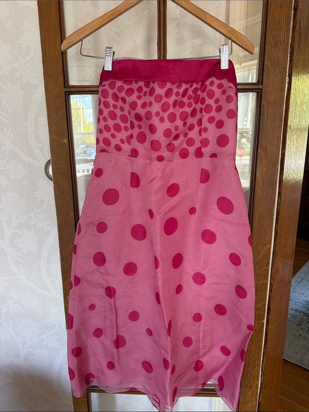 Kay Unger Strapless Pink Polka Dot Midi Dress